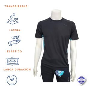Joluvi camiseta técnica manga corta negro con verde azulado running hombre
