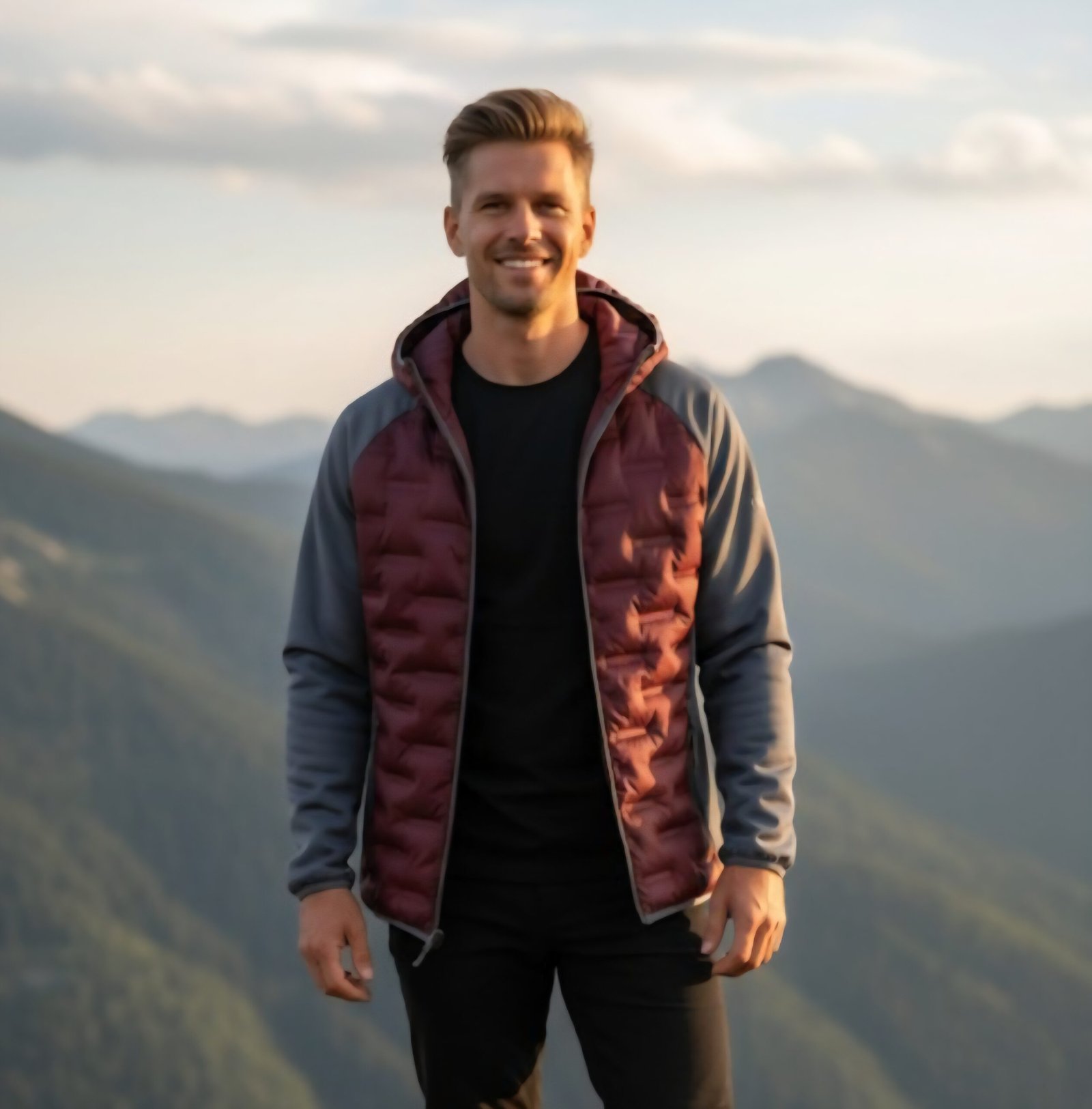 chaqueta capucha hibrida joluvi granate y gris