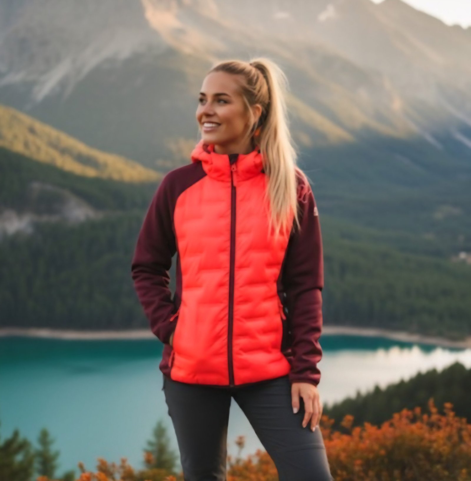 chaqueta capucha hibrida joluvi naranja mujer