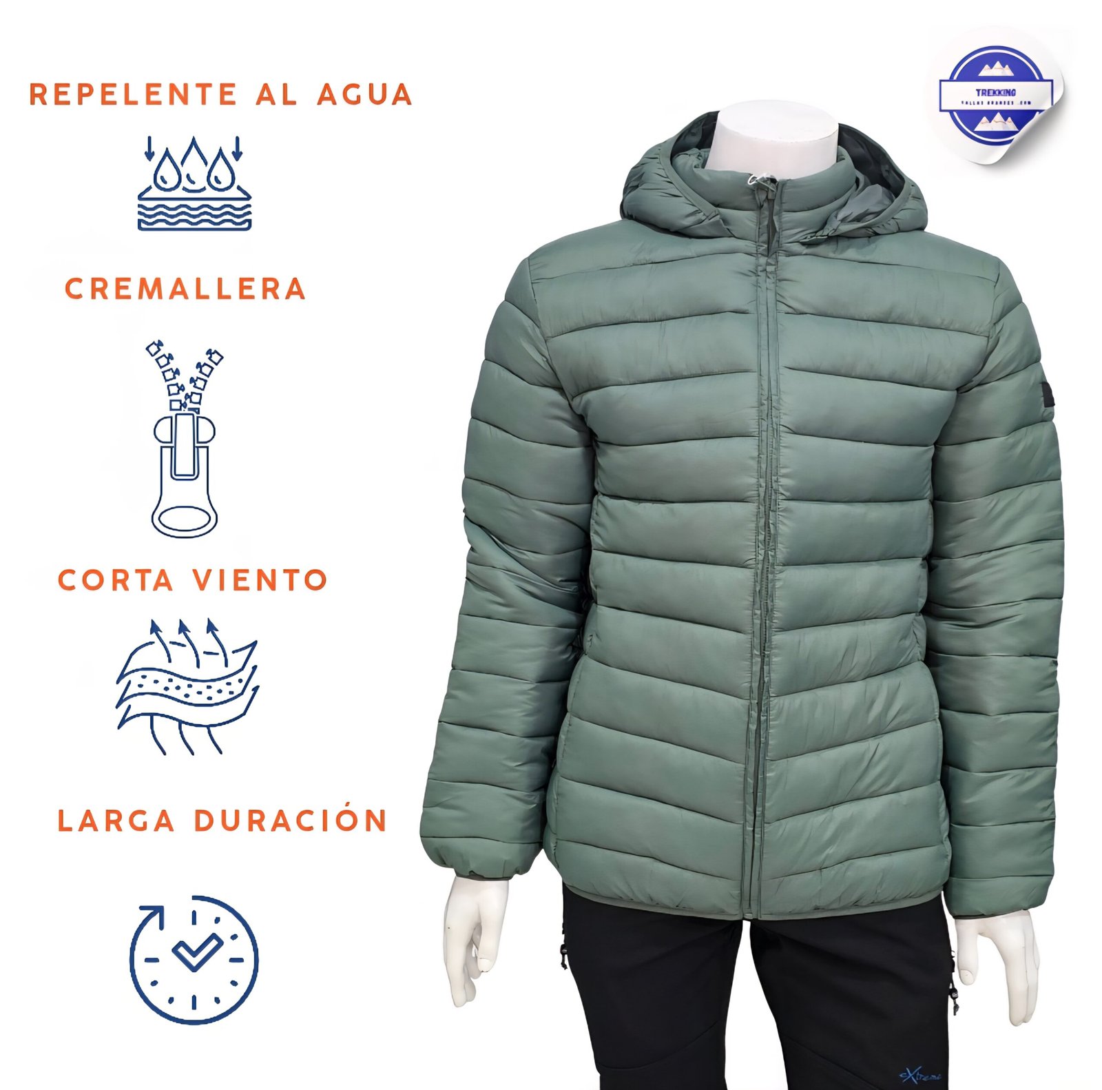 Cazadora acolchada hombre con capucha desmontable verde musgo